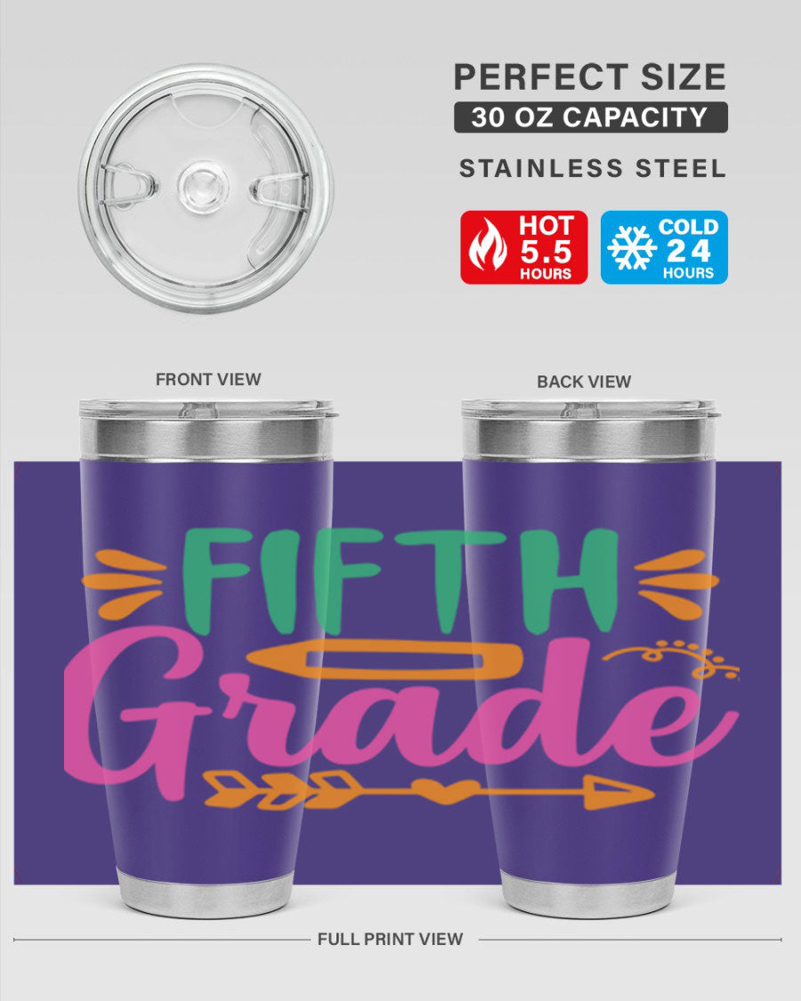 A stylish 5th grade tumbler made of double wall vacuum stainless steel, featuring a press-in lid and vibrant print, perfect for keeping drinks hot or cold.