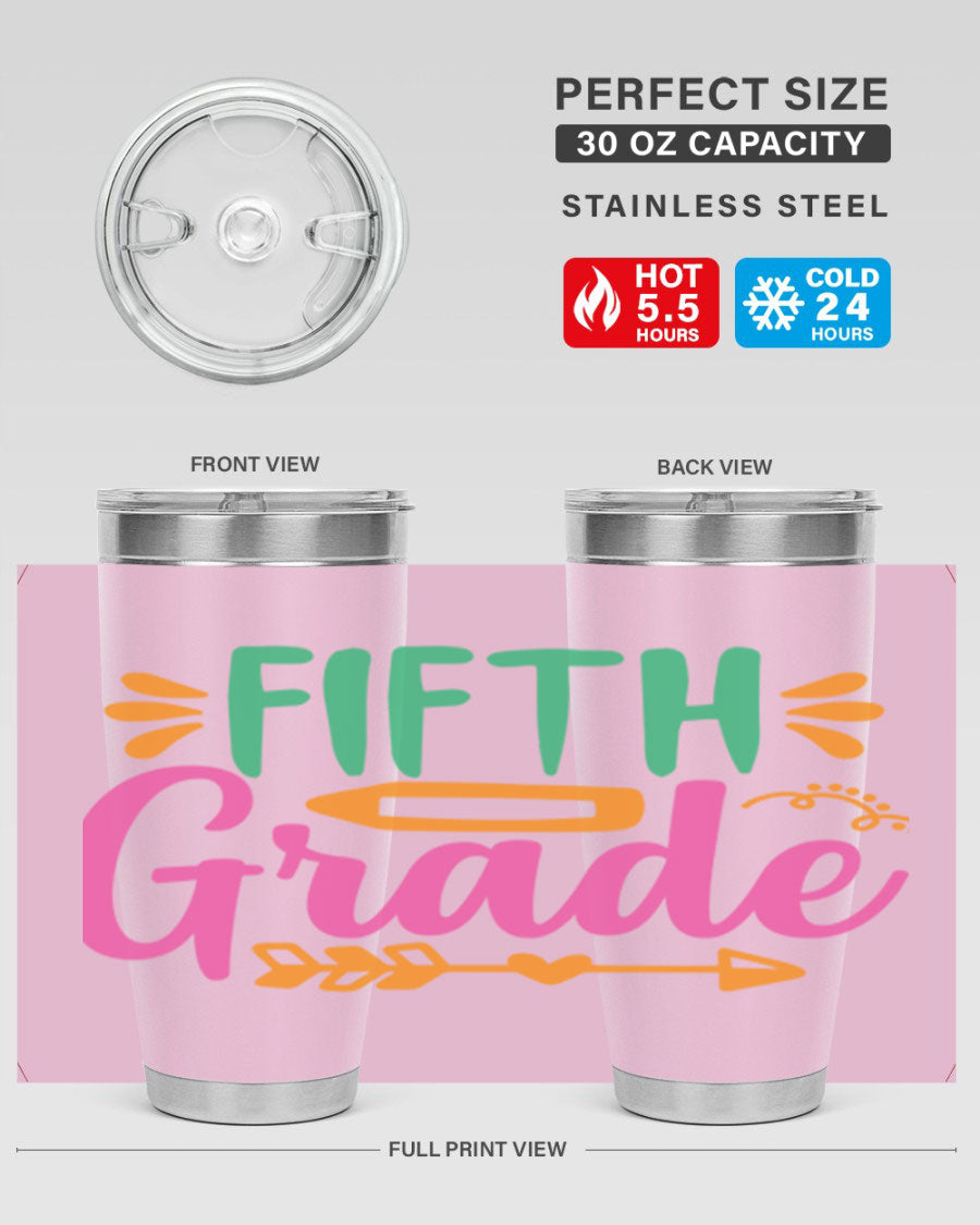 A stylish 5th grade tumbler made of double wall vacuum stainless steel, featuring a press-in lid and vibrant print, perfect for keeping drinks hot or cold.