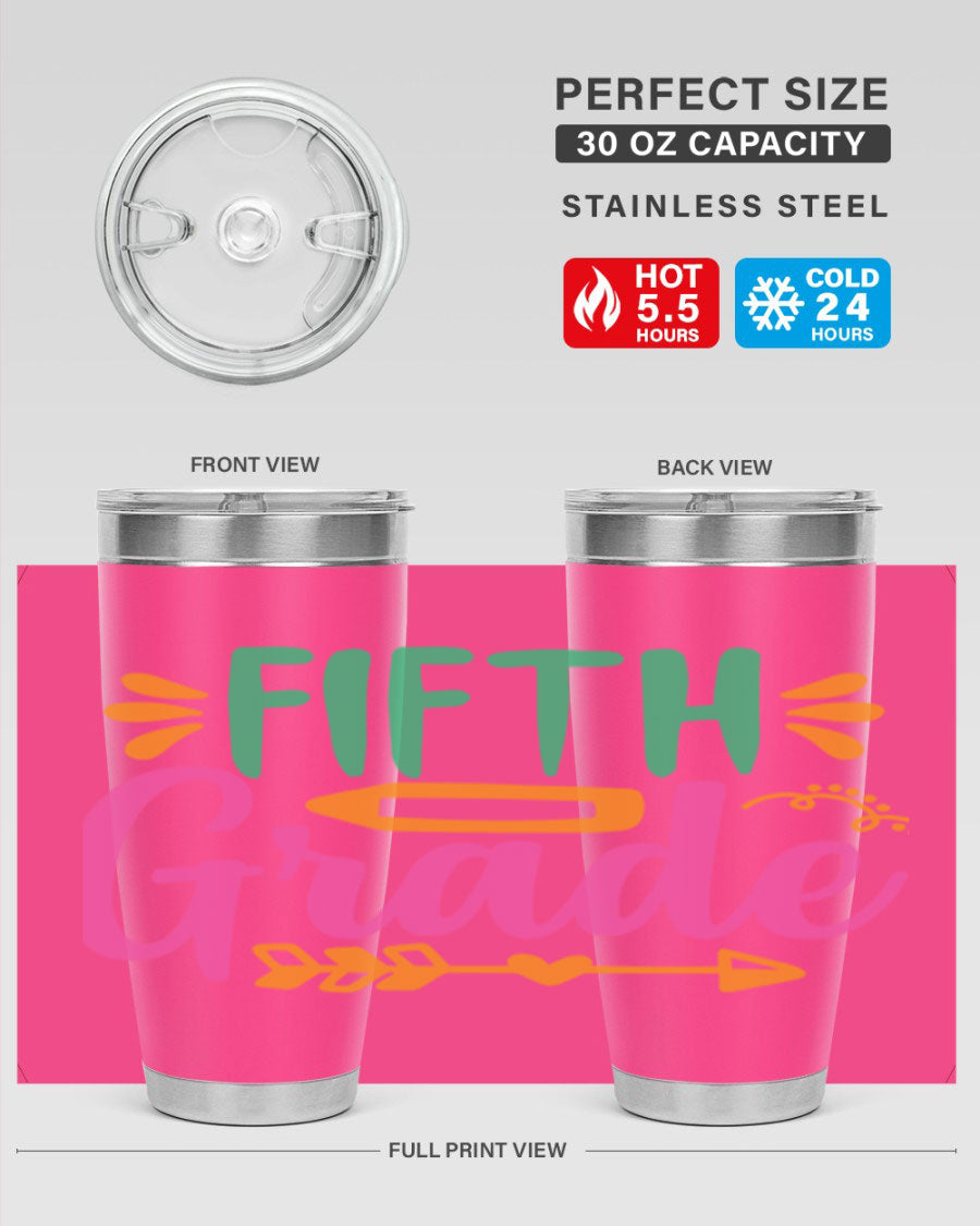 A stylish 5th grade tumbler made of double wall vacuum stainless steel, featuring a press-in lid and vibrant print, perfect for keeping drinks hot or cold.