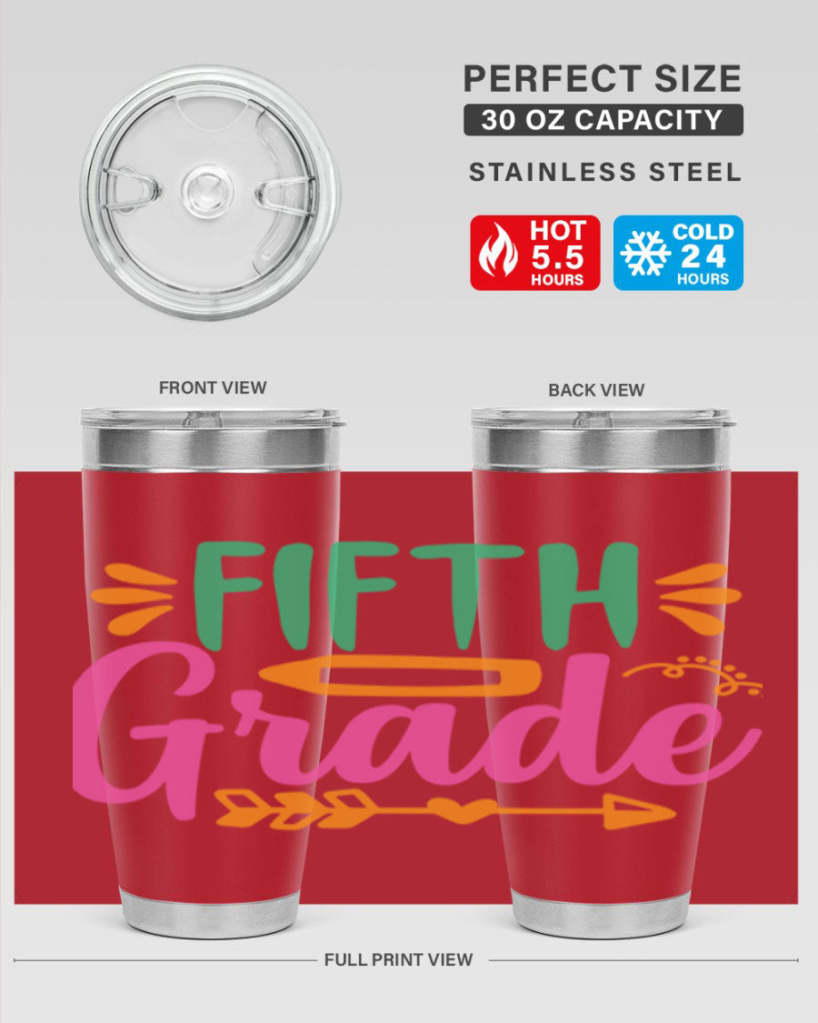 A stylish 5th grade tumbler made of double wall vacuum stainless steel, featuring a press-in lid and vibrant print, perfect for keeping drinks hot or cold.