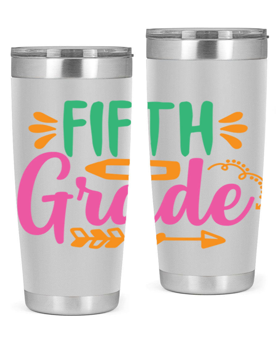 A stylish 5th grade tumbler made of double wall vacuum stainless steel, featuring a press-in lid and vibrant print, perfect for keeping drinks hot or cold.