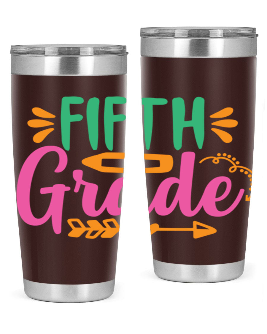 A stylish 5th grade tumbler made of double wall vacuum stainless steel, featuring a press-in lid and vibrant print, perfect for keeping drinks hot or cold.