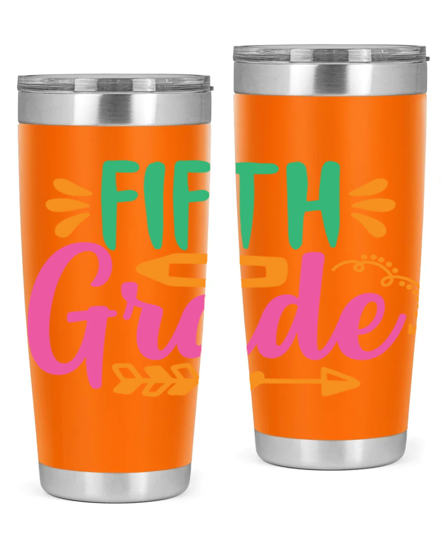A stylish 5th grade tumbler made of double wall vacuum stainless steel, featuring a press-in lid and vibrant print, perfect for keeping drinks hot or cold.