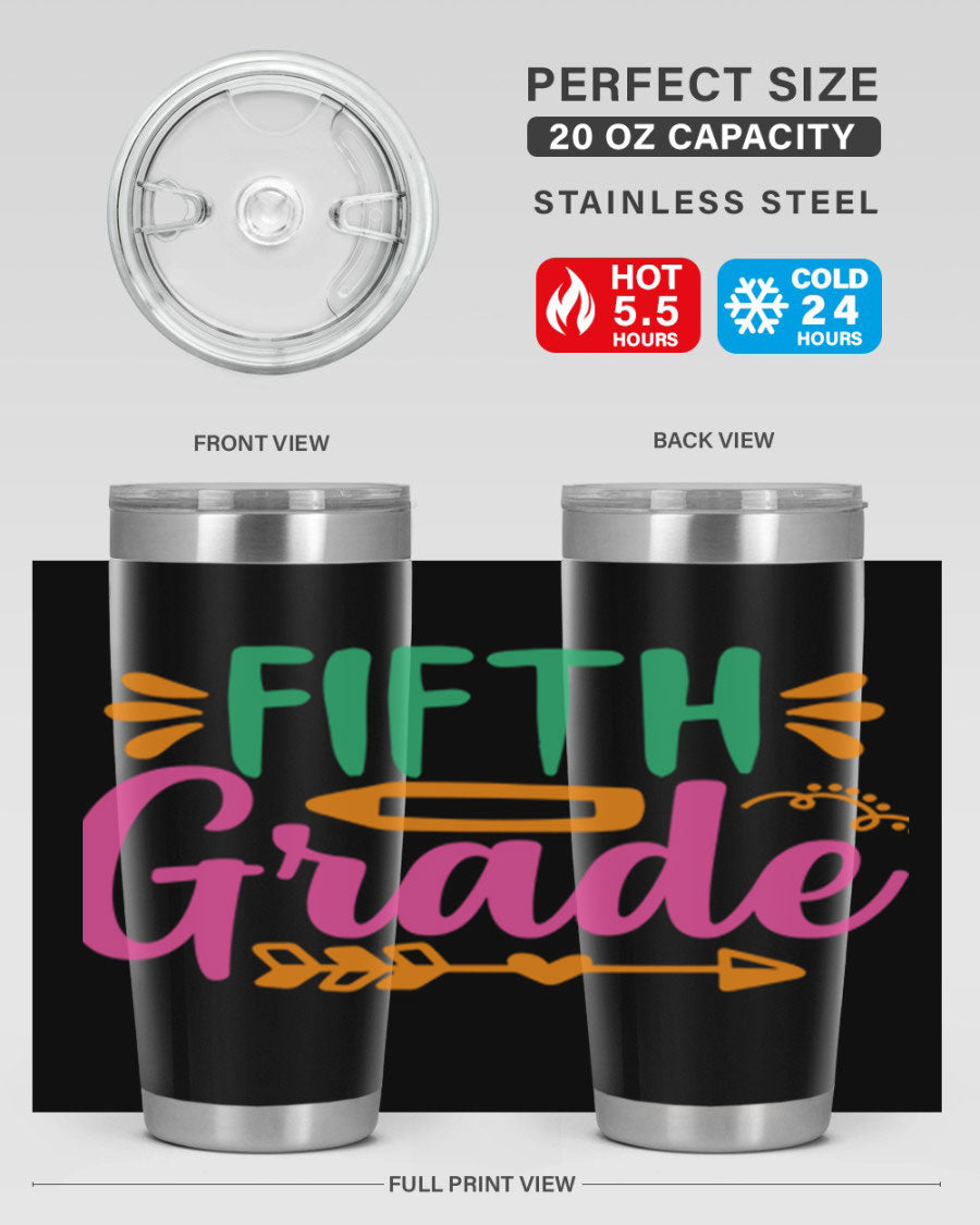 A stylish 5th grade tumbler made of double wall vacuum stainless steel, featuring a press-in lid and vibrant print, perfect for keeping drinks hot or cold.