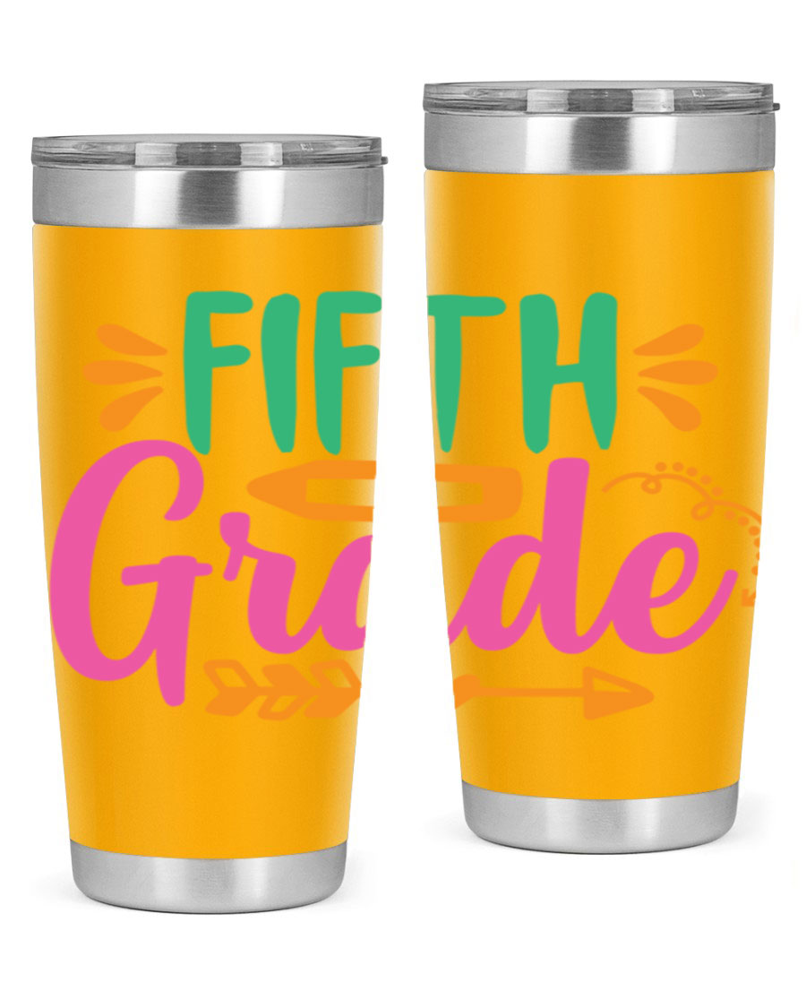 A stylish 5th grade tumbler made of double wall vacuum stainless steel, featuring a press-in lid and vibrant print, perfect for keeping drinks hot or cold.