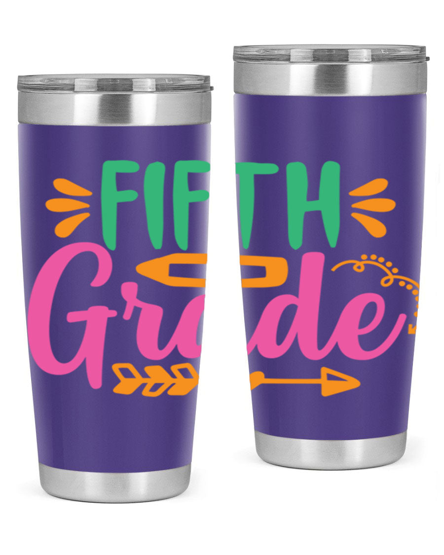 A stylish 5th grade tumbler made of double wall vacuum stainless steel, featuring a press-in lid and vibrant print, perfect for keeping drinks hot or cold.