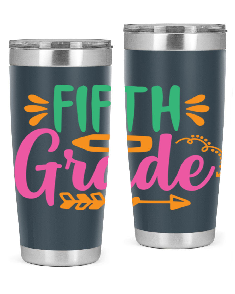 A stylish 5th grade tumbler made of double wall vacuum stainless steel, featuring a press-in lid and vibrant print, perfect for keeping drinks hot or cold.