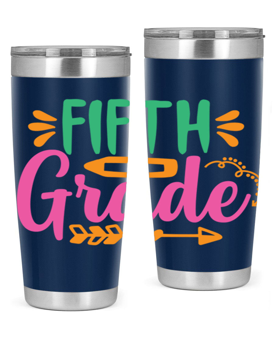 A stylish 5th grade tumbler made of double wall vacuum stainless steel, featuring a press-in lid and vibrant print, perfect for keeping drinks hot or cold.