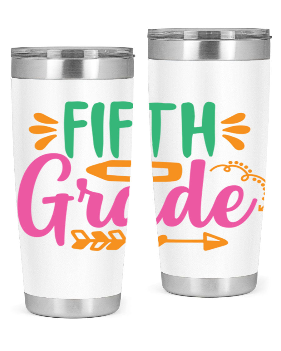 A stylish 5th grade tumbler made of double wall vacuum stainless steel, featuring a press-in lid and vibrant print, perfect for keeping drinks hot or cold.