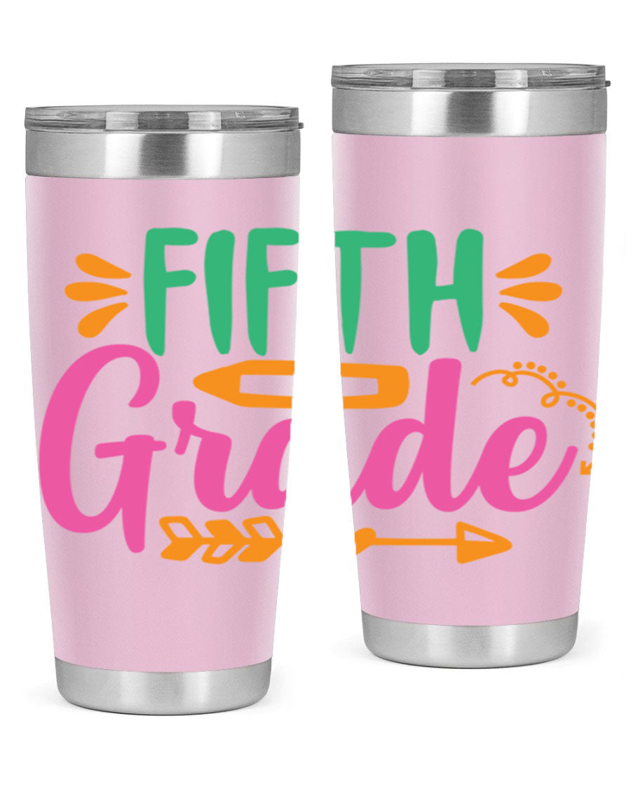 A stylish 5th grade tumbler made of double wall vacuum stainless steel, featuring a press-in lid and vibrant print, perfect for keeping drinks hot or cold.