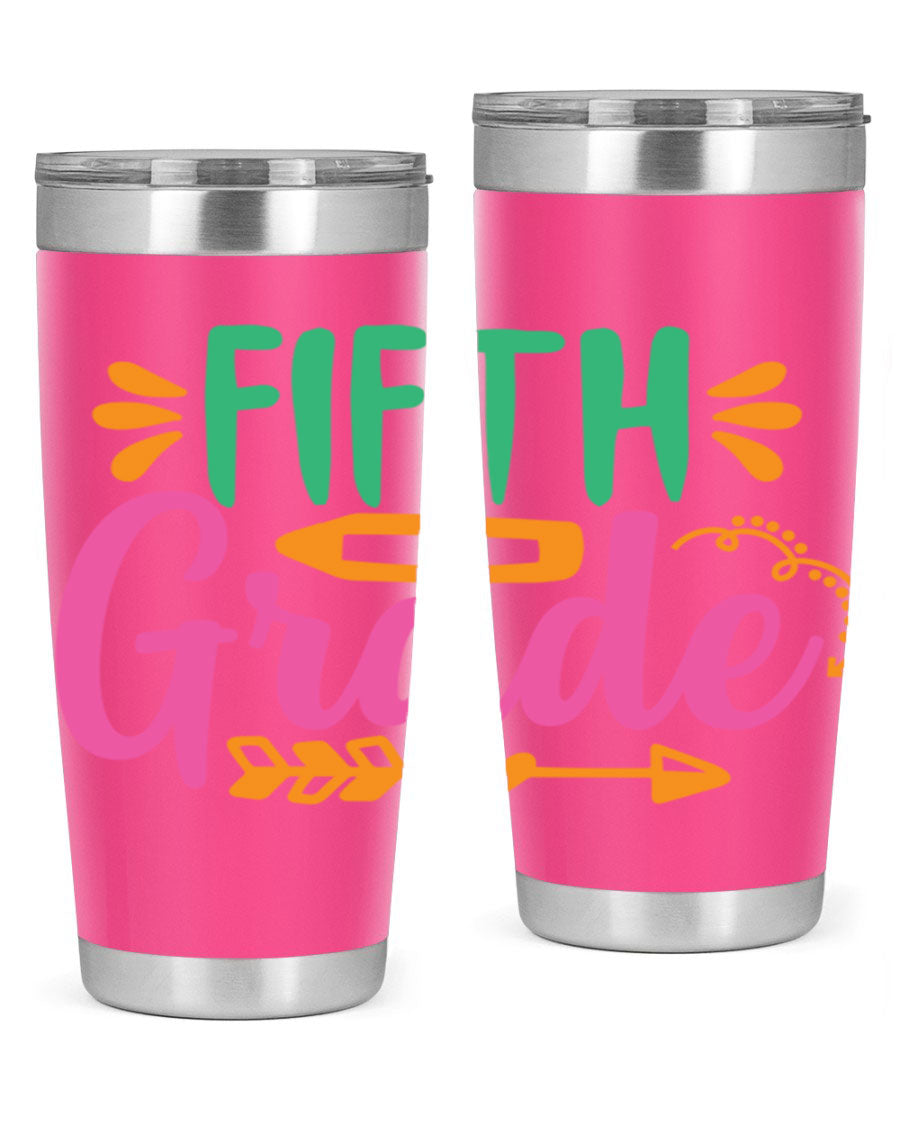 A stylish 5th grade tumbler made of double wall vacuum stainless steel, featuring a press-in lid and vibrant print, perfect for keeping drinks hot or cold.