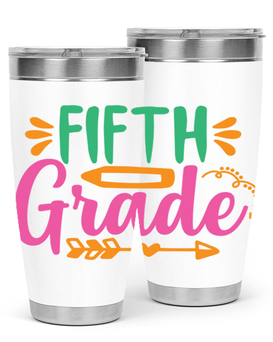 A stylish 5th grade tumbler made of double wall vacuum stainless steel, featuring a press-in lid and vibrant print, perfect for keeping drinks hot or cold.