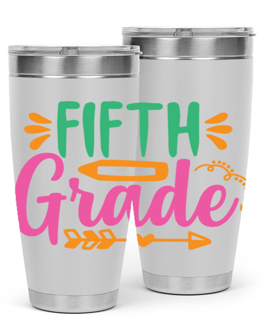 A stylish 5th grade tumbler made of double wall vacuum stainless steel, featuring a press-in lid and vibrant print, perfect for keeping drinks hot or cold.