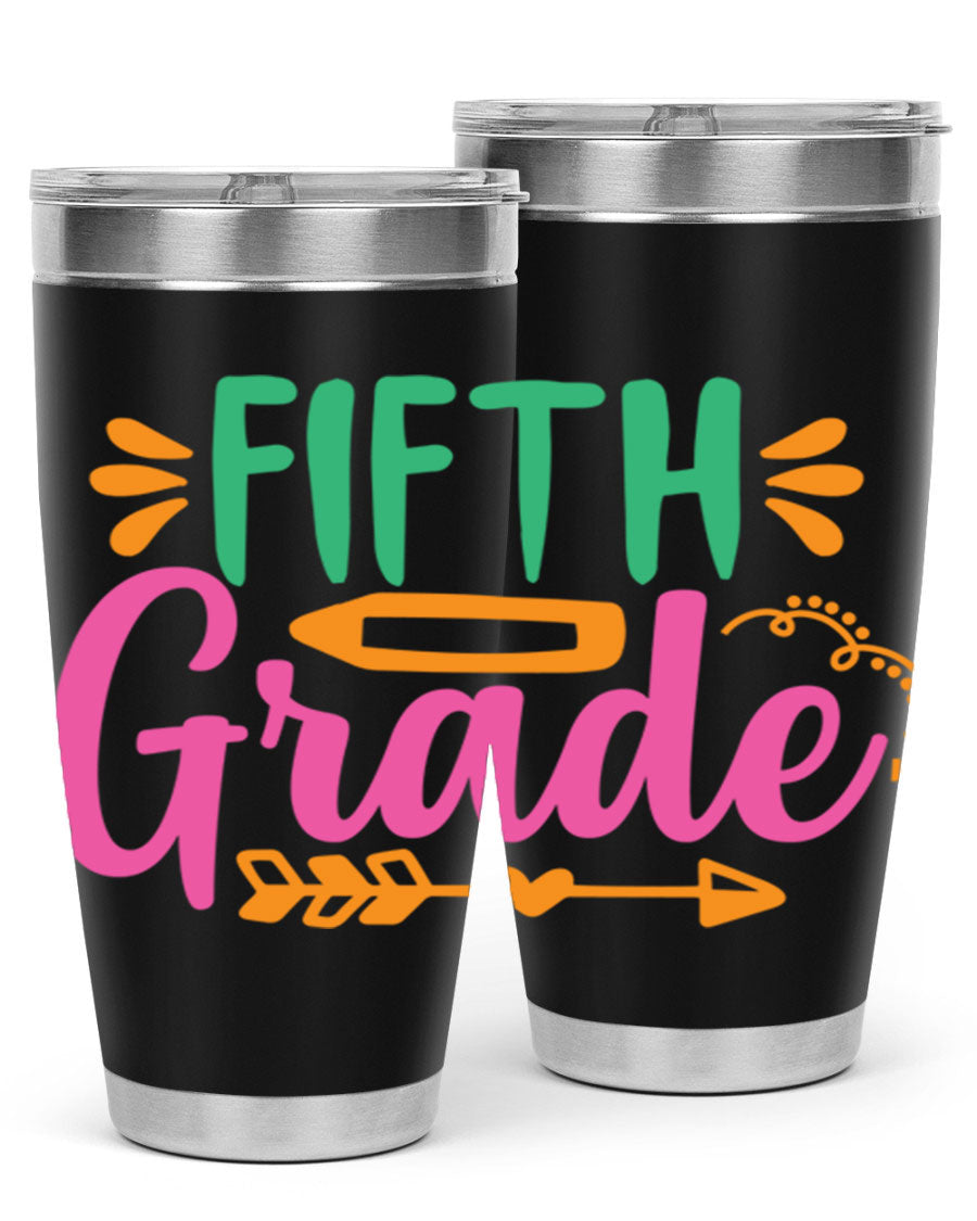 A stylish 5th grade tumbler made of double wall vacuum stainless steel, featuring a press-in lid and vibrant print, perfect for keeping drinks hot or cold.
