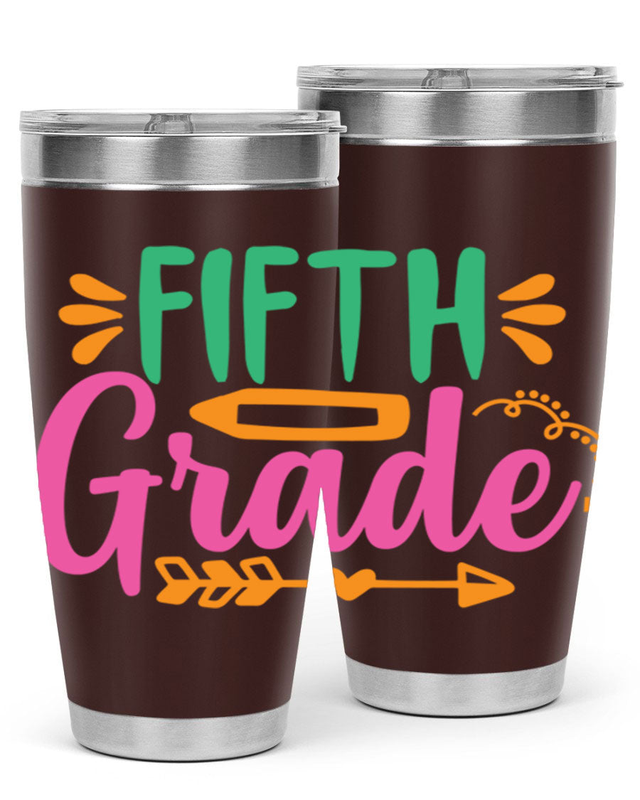 A stylish 5th grade tumbler made of double wall vacuum stainless steel, featuring a press-in lid and vibrant print, perfect for keeping drinks hot or cold.