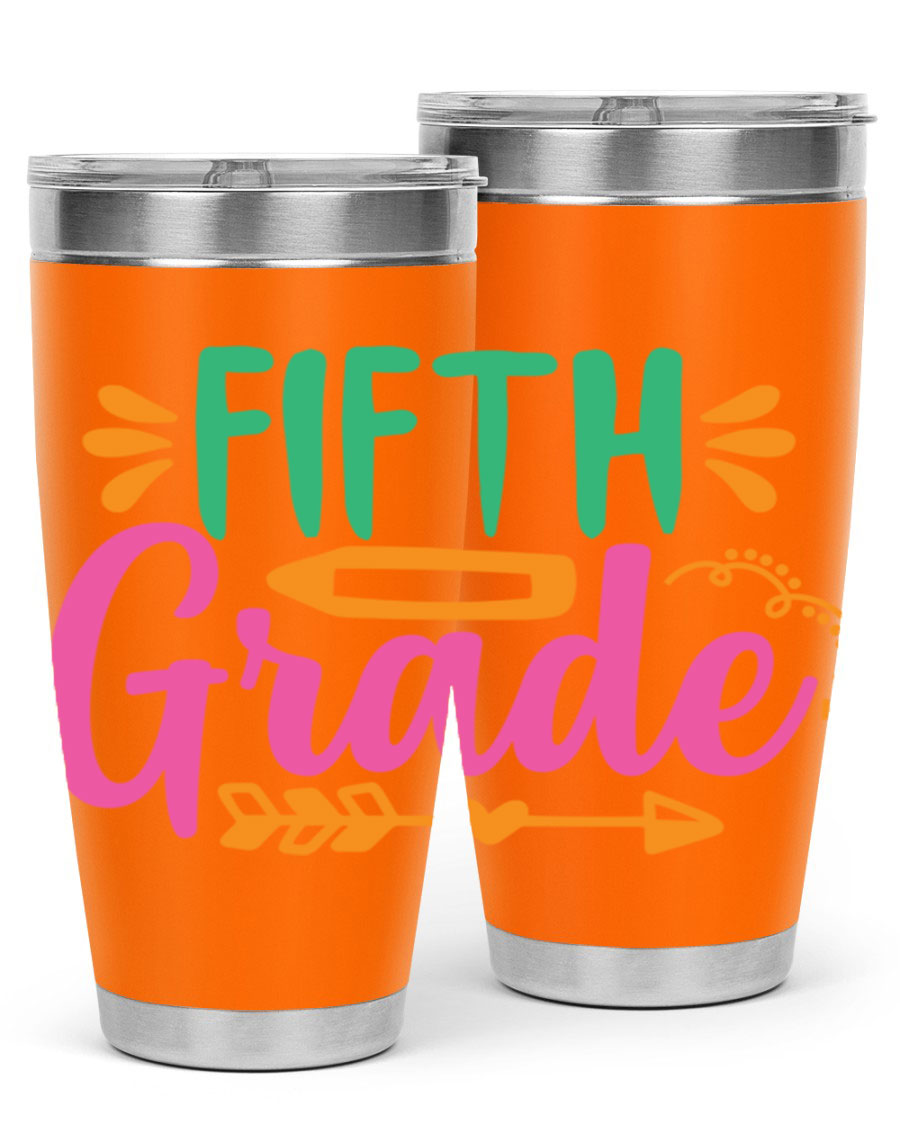 A stylish 5th grade tumbler made of double wall vacuum stainless steel, featuring a press-in lid and vibrant print, perfect for keeping drinks hot or cold.