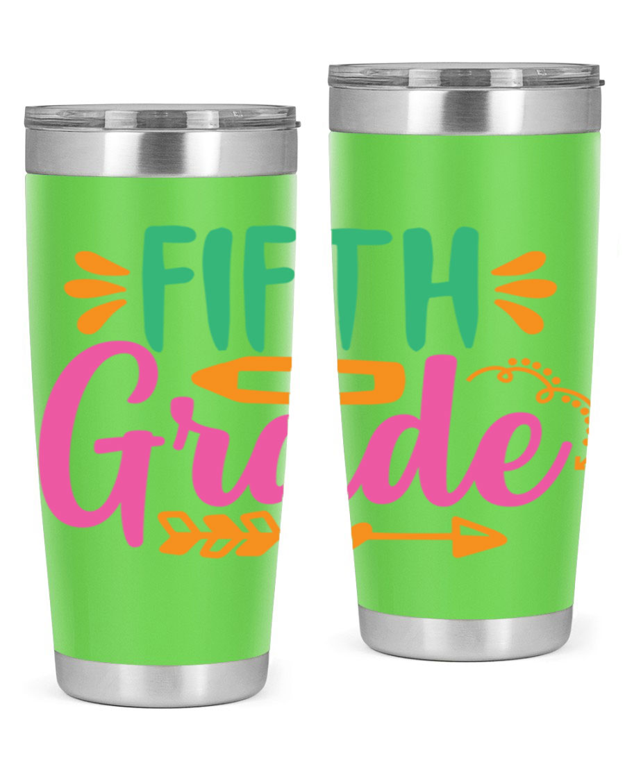 A stylish 5th grade tumbler made of double wall vacuum stainless steel, featuring a press-in lid and vibrant print, perfect for keeping drinks hot or cold.