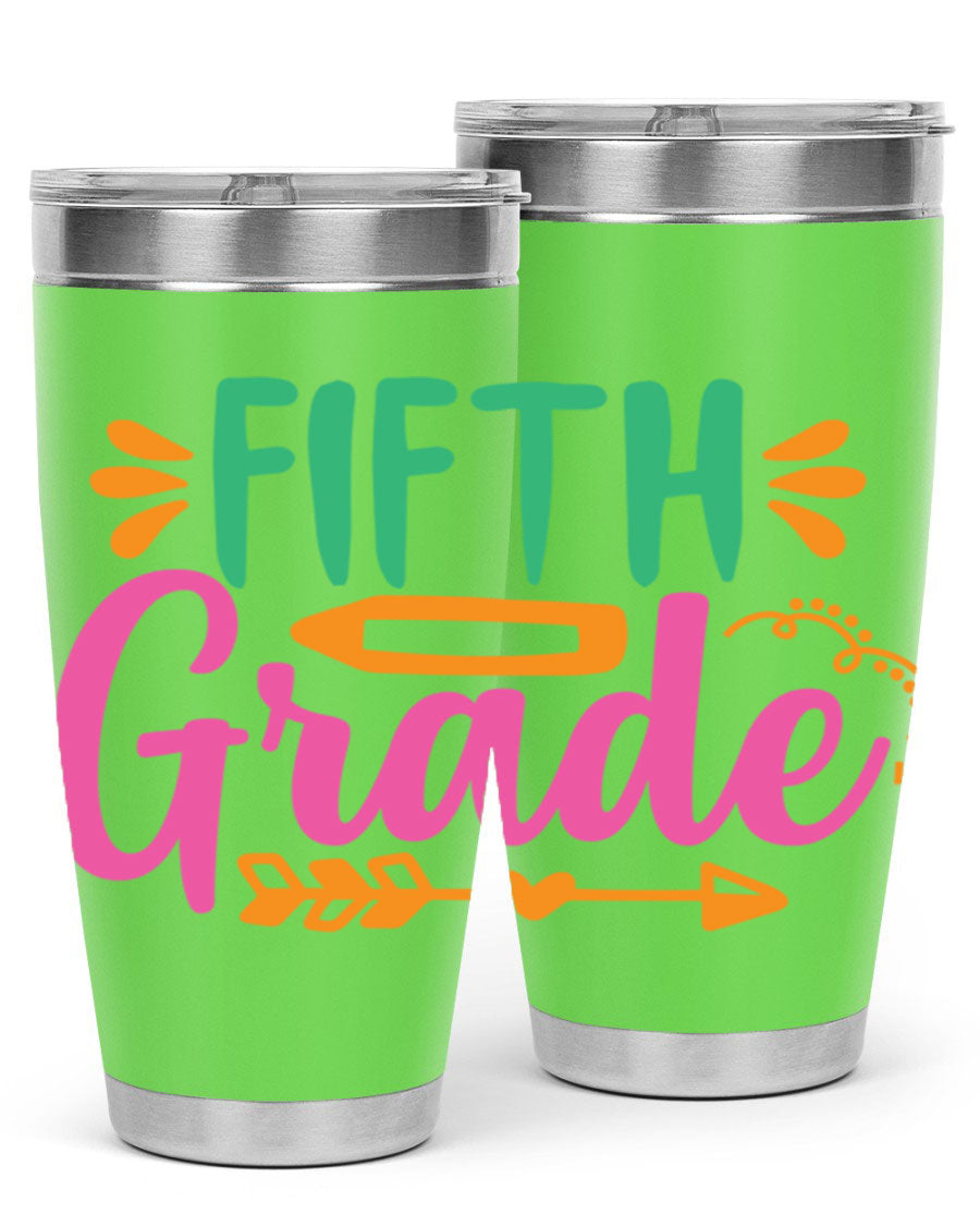 A stylish 5th grade tumbler made of double wall vacuum stainless steel, featuring a press-in lid and vibrant print, perfect for keeping drinks hot or cold.