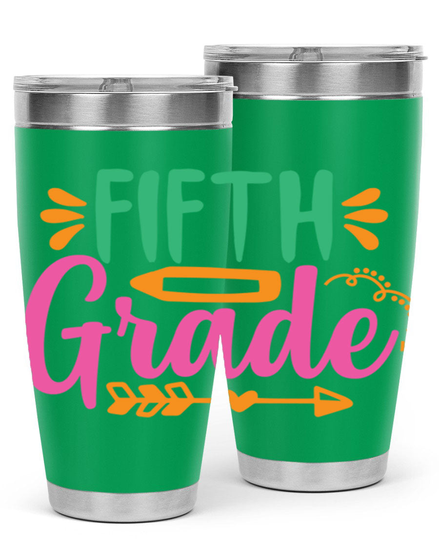 A stylish 5th grade tumbler made of double wall vacuum stainless steel, featuring a press-in lid and vibrant print, perfect for keeping drinks hot or cold.