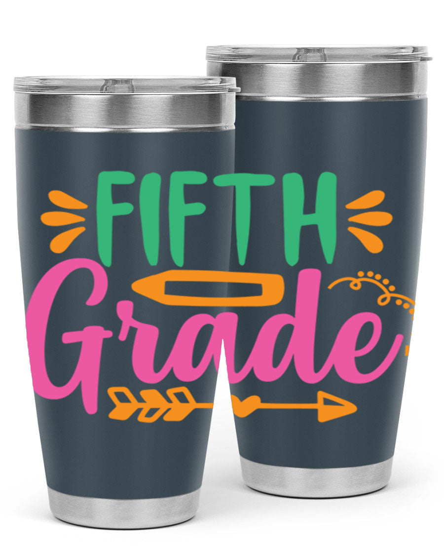 A stylish 5th grade tumbler made of double wall vacuum stainless steel, featuring a press-in lid and vibrant print, perfect for keeping drinks hot or cold.