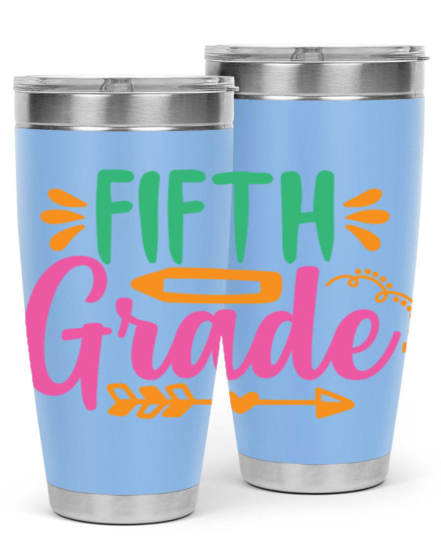 A stylish 5th grade tumbler made of double wall vacuum stainless steel, featuring a press-in lid and vibrant print, perfect for keeping drinks hot or cold.