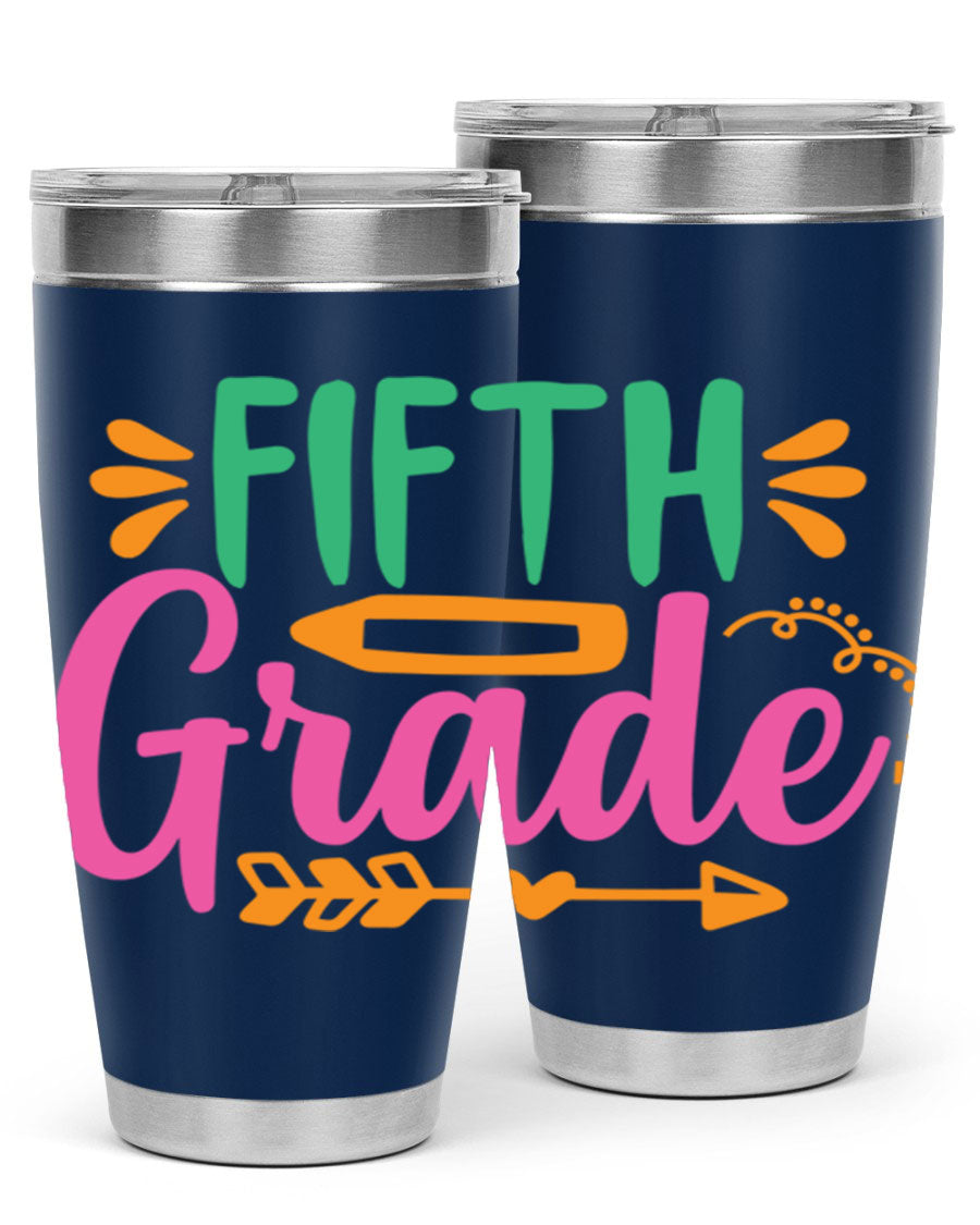 A stylish 5th grade tumbler made of double wall vacuum stainless steel, featuring a press-in lid and vibrant print, perfect for keeping drinks hot or cold.