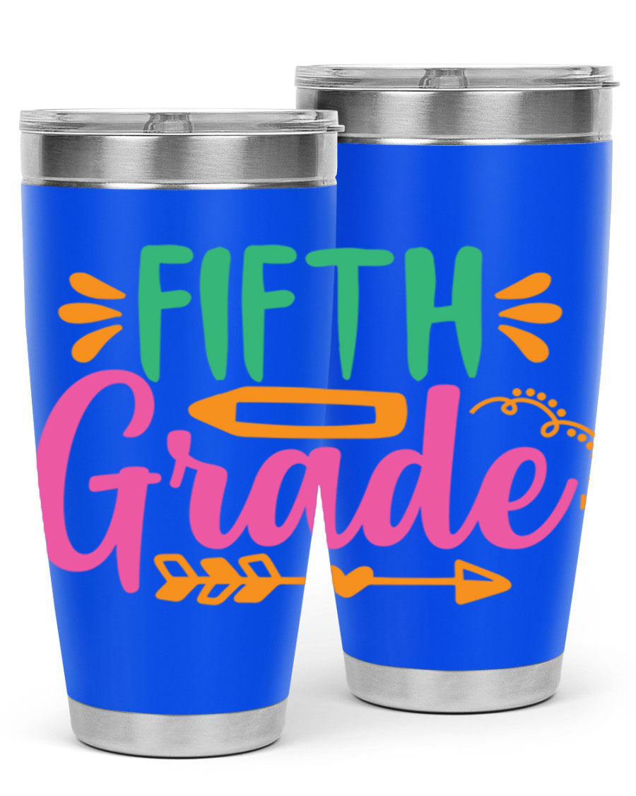 A stylish 5th grade tumbler made of double wall vacuum stainless steel, featuring a press-in lid and vibrant print, perfect for keeping drinks hot or cold.