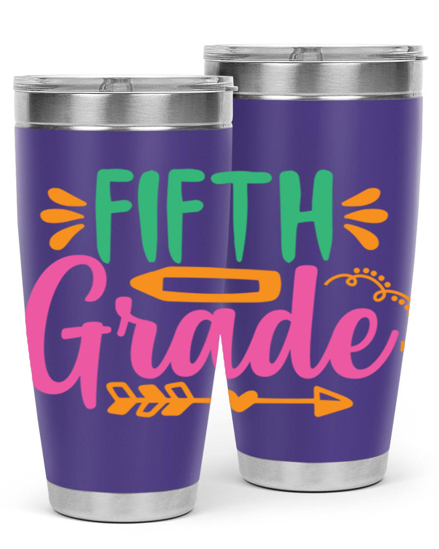 A stylish 5th grade tumbler made of double wall vacuum stainless steel, featuring a press-in lid and vibrant print, perfect for keeping drinks hot or cold.