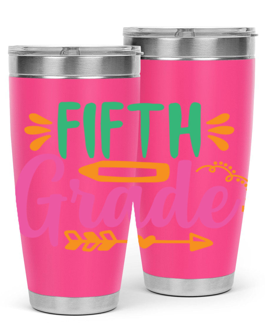 A stylish 5th grade tumbler made of double wall vacuum stainless steel, featuring a press-in lid and vibrant print, perfect for keeping drinks hot or cold.