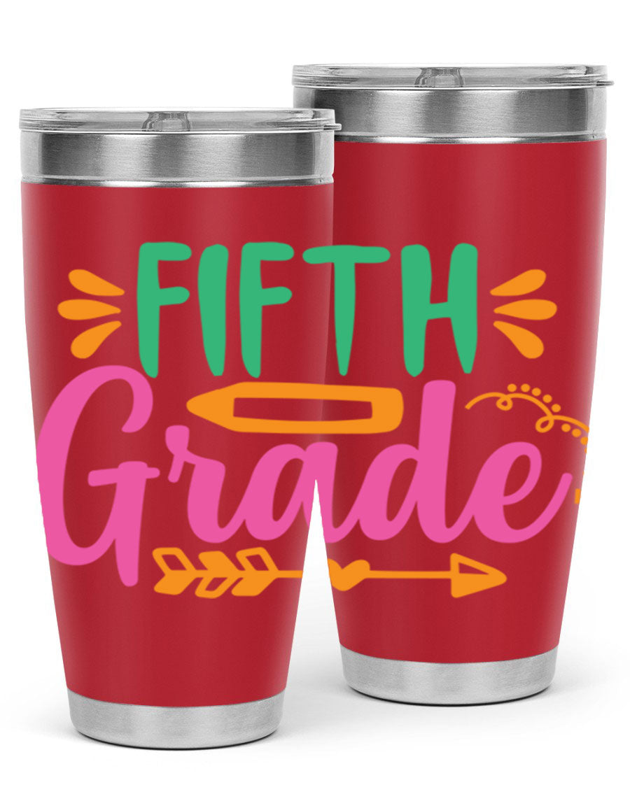 A stylish 5th grade tumbler made of double wall vacuum stainless steel, featuring a press-in lid and vibrant print, perfect for keeping drinks hot or cold.