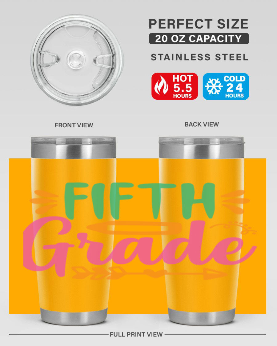 A stylish 5th grade tumbler made of double wall vacuum stainless steel, featuring a press-in lid and vibrant print, perfect for keeping drinks hot or cold.