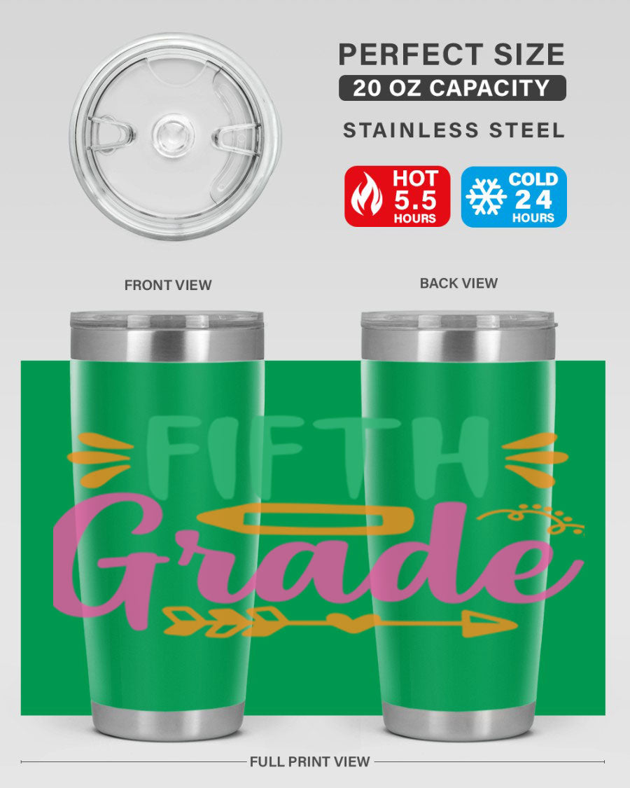 A stylish 5th grade tumbler made of double wall vacuum stainless steel, featuring a press-in lid and vibrant print, perfect for keeping drinks hot or cold.