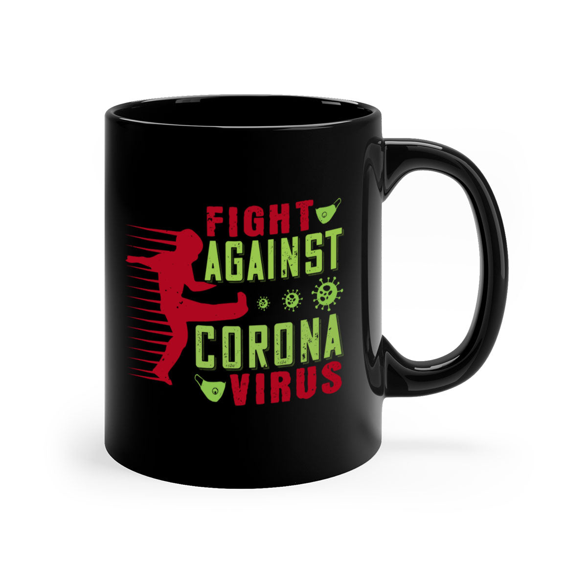 A stylish two-tone ceramic mug with a colored handle and interior, designed to symbolize the fight against coronavirus.