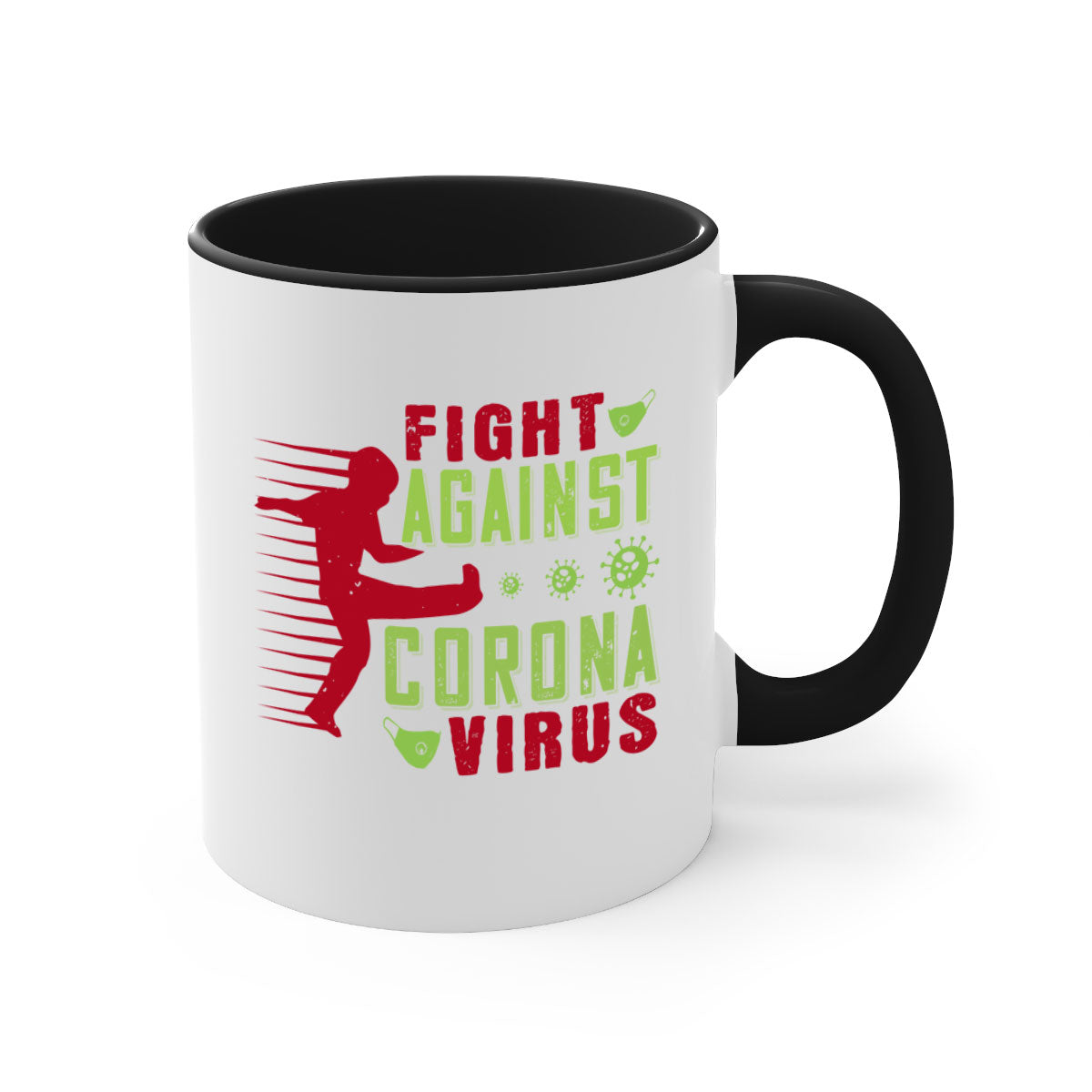 A stylish two-tone ceramic mug with a colored handle and interior, designed to symbolize the fight against coronavirus.