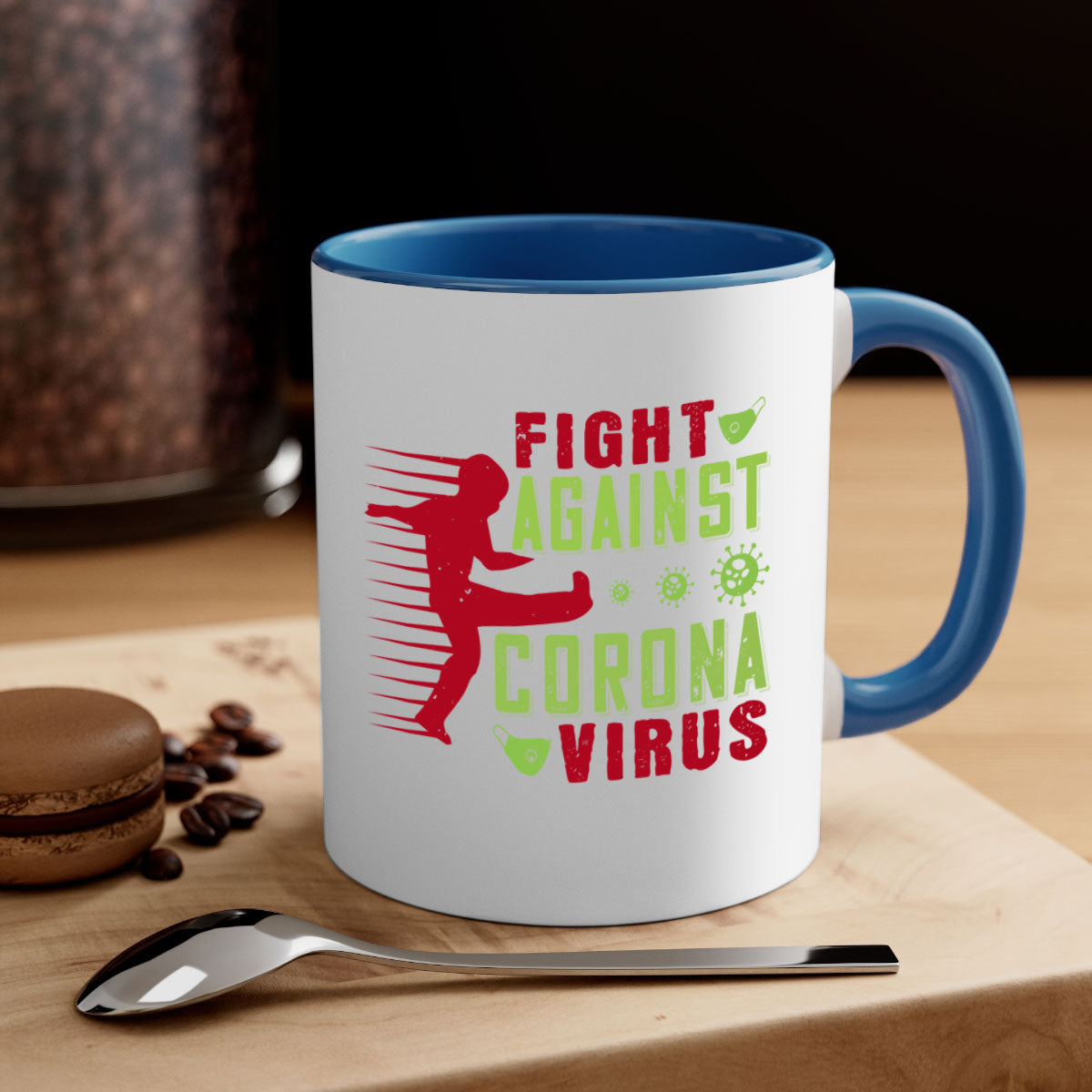 A stylish two-tone ceramic mug with a colored handle and interior, designed to symbolize the fight against coronavirus.