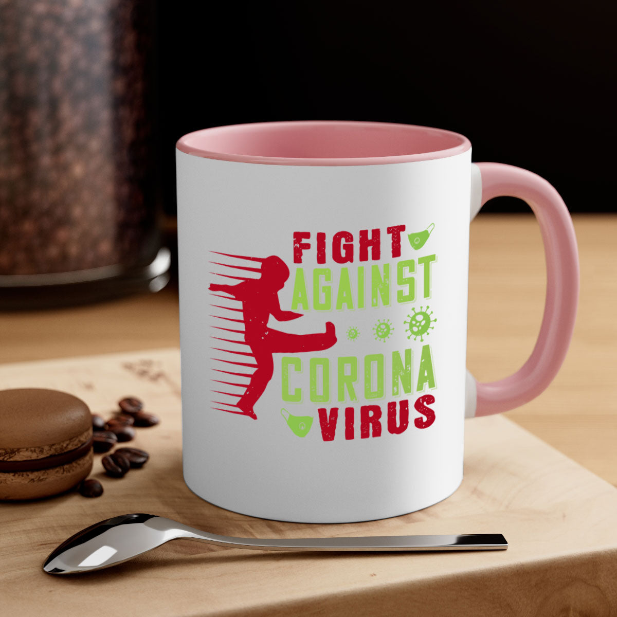 A stylish two-tone ceramic mug with a colored handle and interior, designed to symbolize the fight against coronavirus.