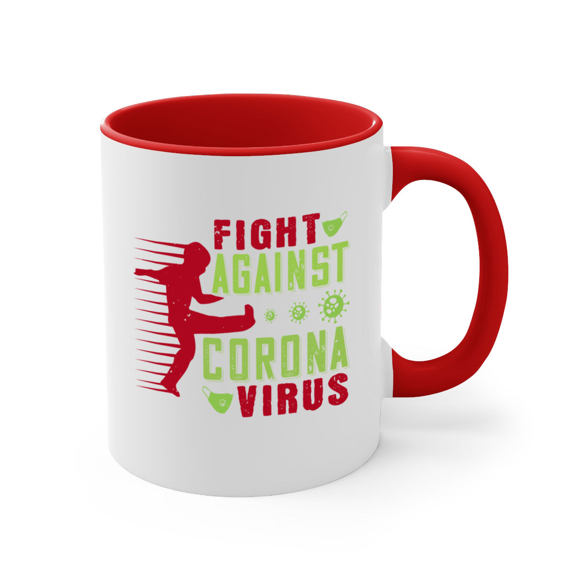 A stylish two-tone ceramic mug with a colored handle and interior, designed to symbolize the fight against coronavirus.