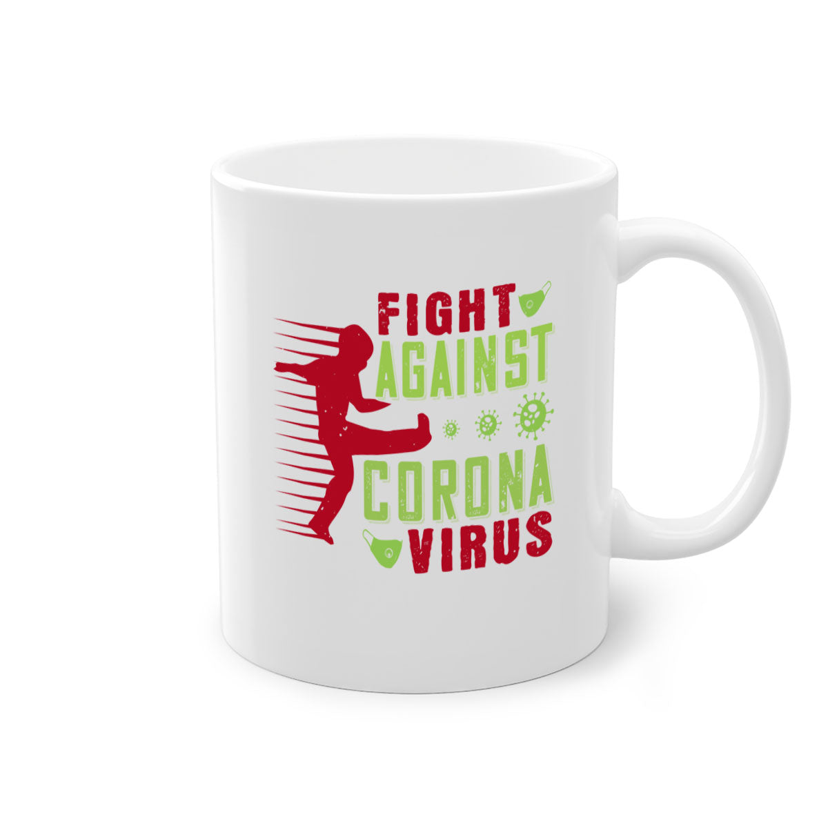 A stylish two-tone ceramic mug with a colored handle and interior, designed to symbolize the fight against coronavirus.