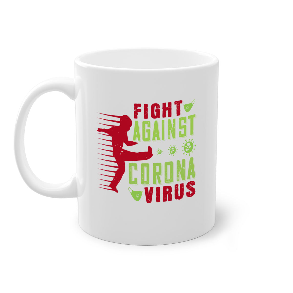A stylish two-tone ceramic mug with a colored handle and interior, designed to symbolize the fight against coronavirus.