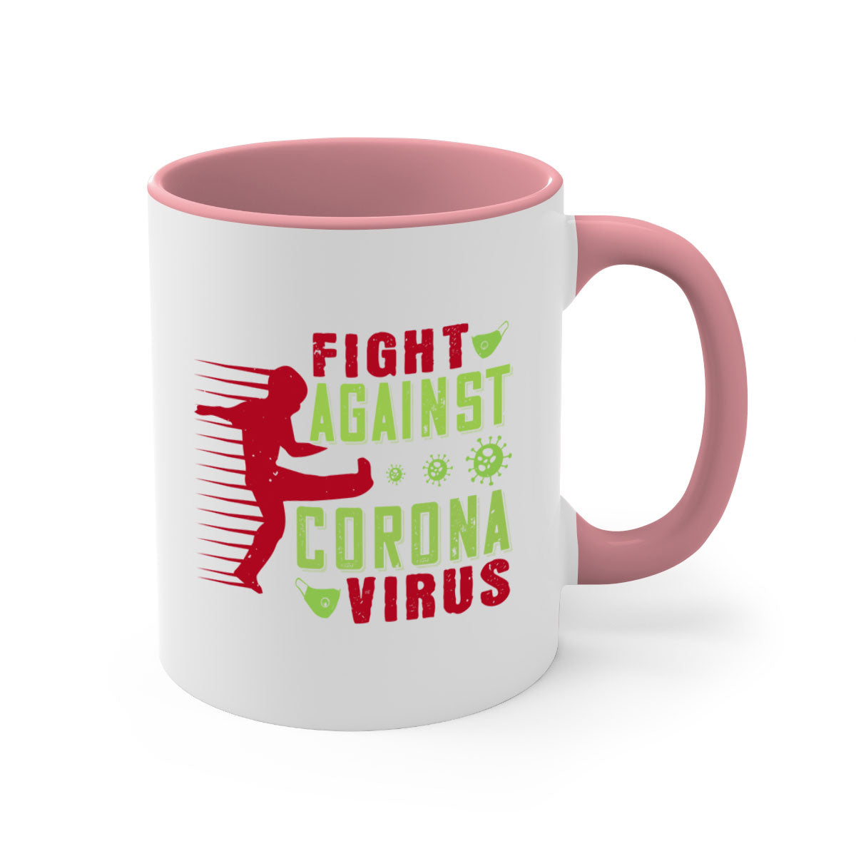 A stylish two-tone ceramic mug with a colored handle and interior, designed to symbolize the fight against coronavirus.