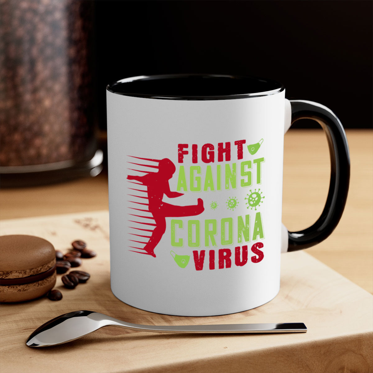 A stylish two-tone ceramic mug with a colored handle and interior, designed to symbolize the fight against coronavirus.