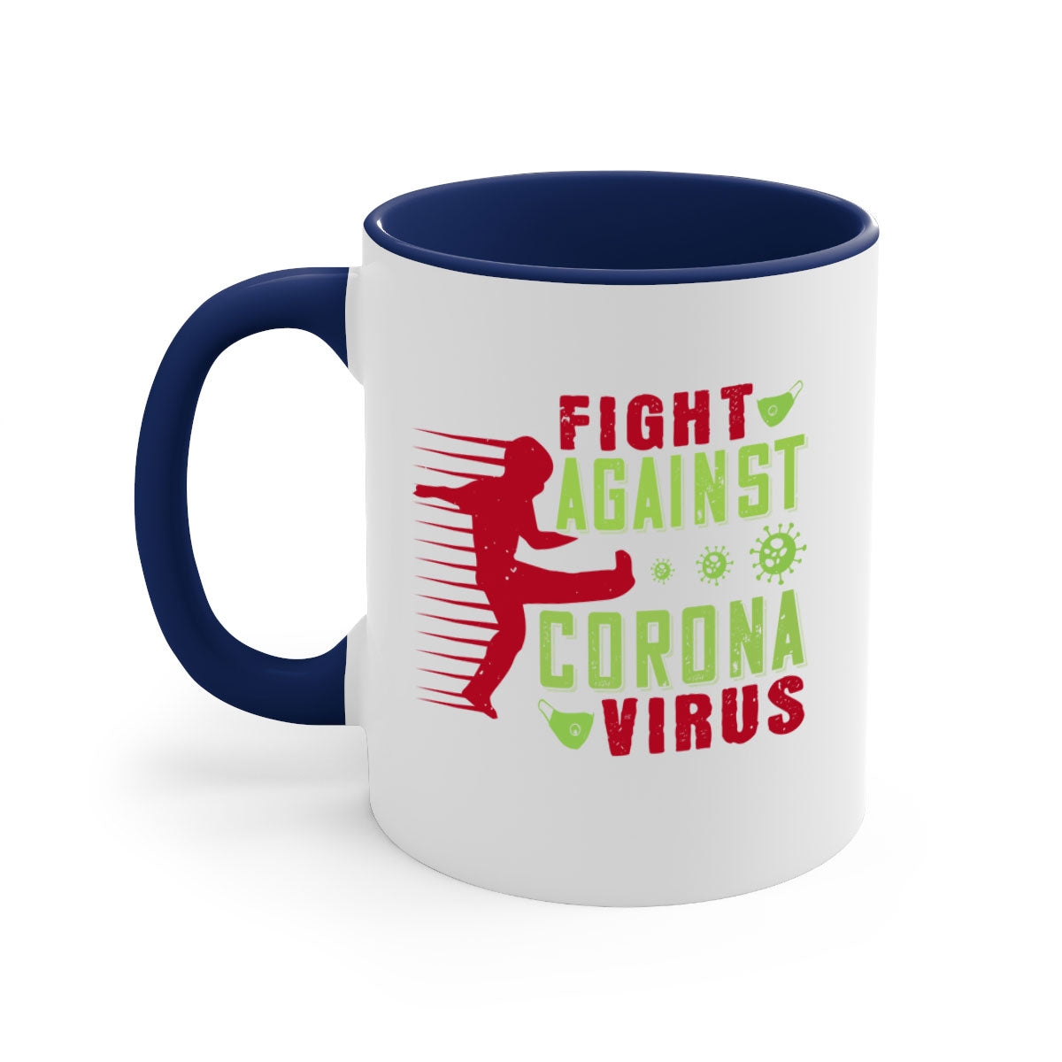 A stylish two-tone ceramic mug with a colored handle and interior, designed to symbolize the fight against coronavirus.