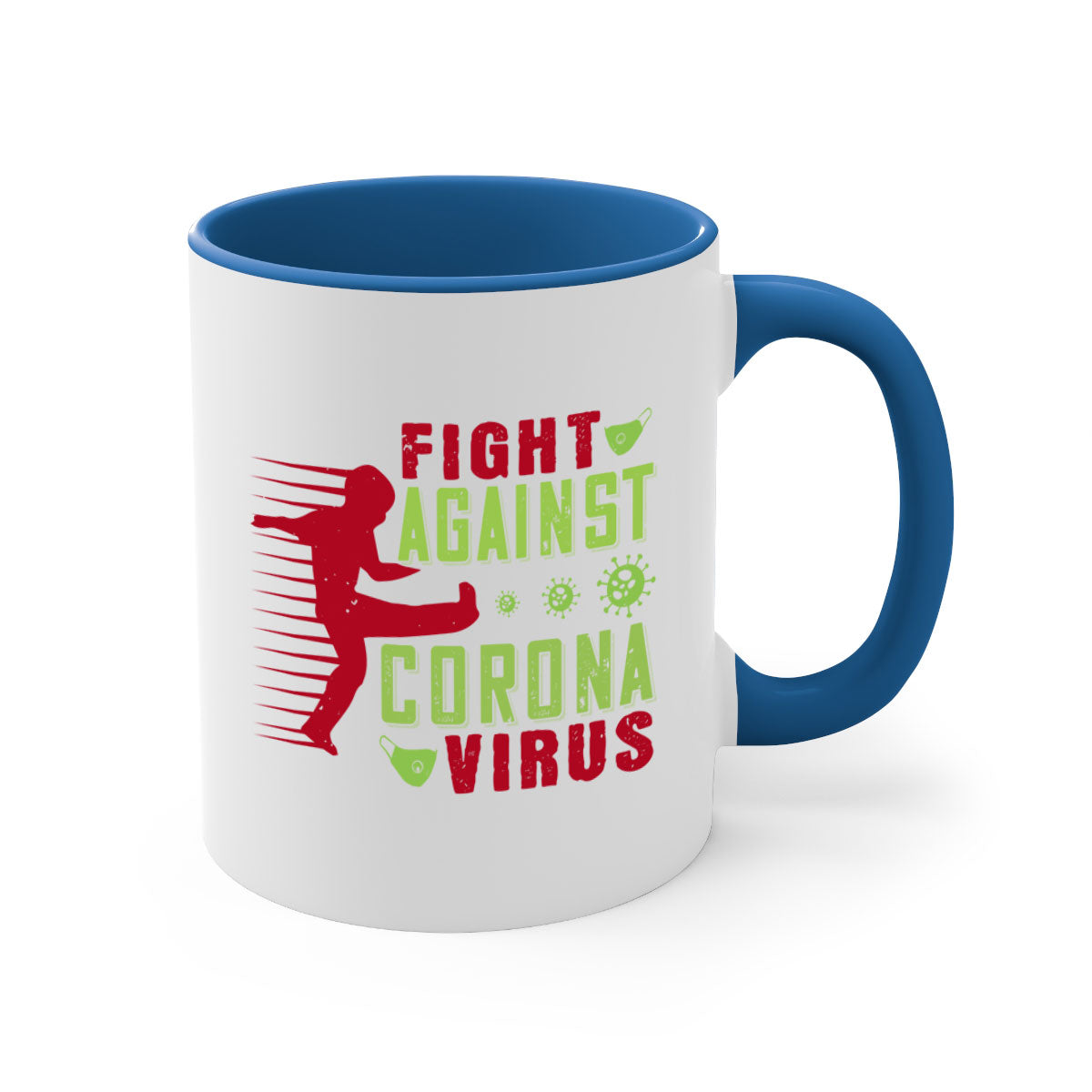 A stylish two-tone ceramic mug with a colored handle and interior, designed to symbolize the fight against coronavirus.