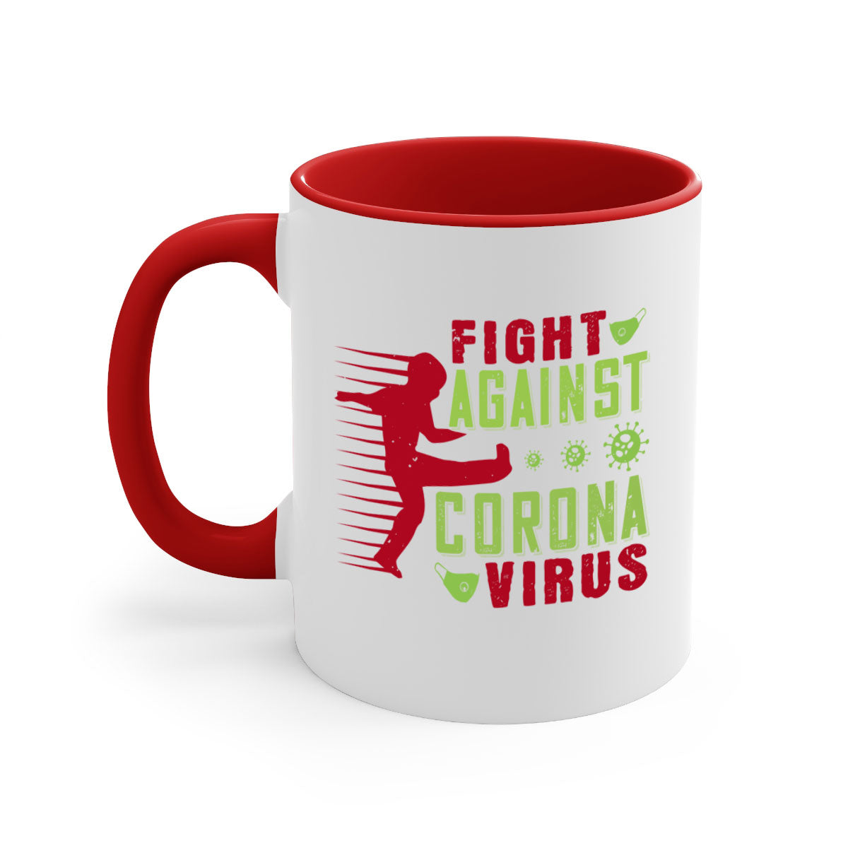 A stylish two-tone ceramic mug with a colored handle and interior, designed to symbolize the fight against coronavirus.