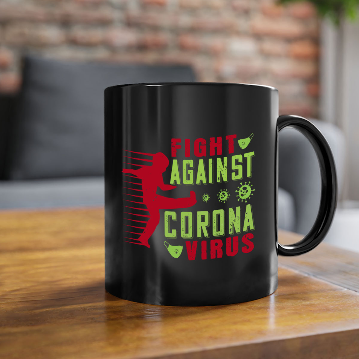 A stylish two-tone ceramic mug with a colored handle and interior, designed to symbolize the fight against coronavirus.