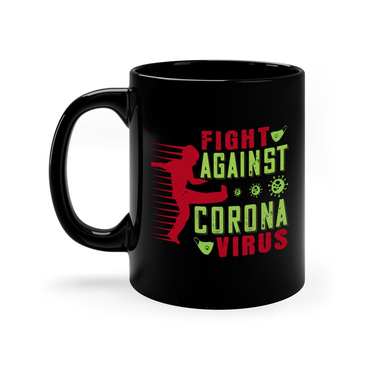 A stylish two-tone ceramic mug with a colored handle and interior, designed to symbolize the fight against coronavirus.