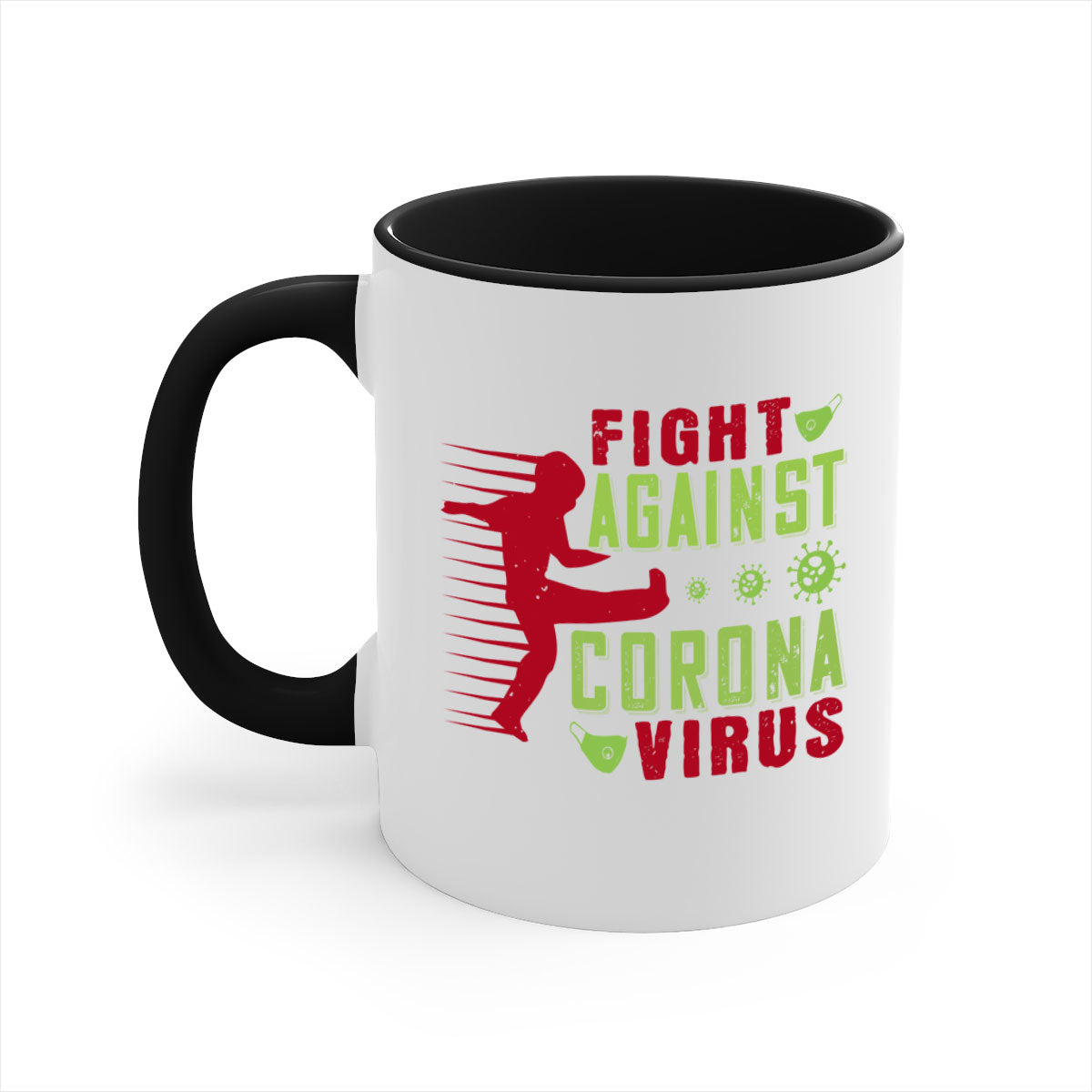 A stylish two-tone ceramic mug with a colored handle and interior, designed to symbolize the fight against coronavirus.