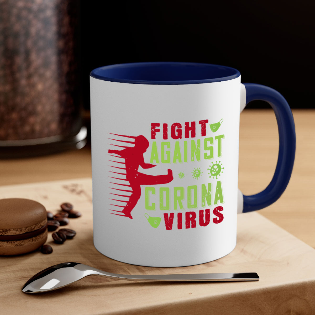 A stylish two-tone ceramic mug with a colored handle and interior, designed to symbolize the fight against coronavirus.