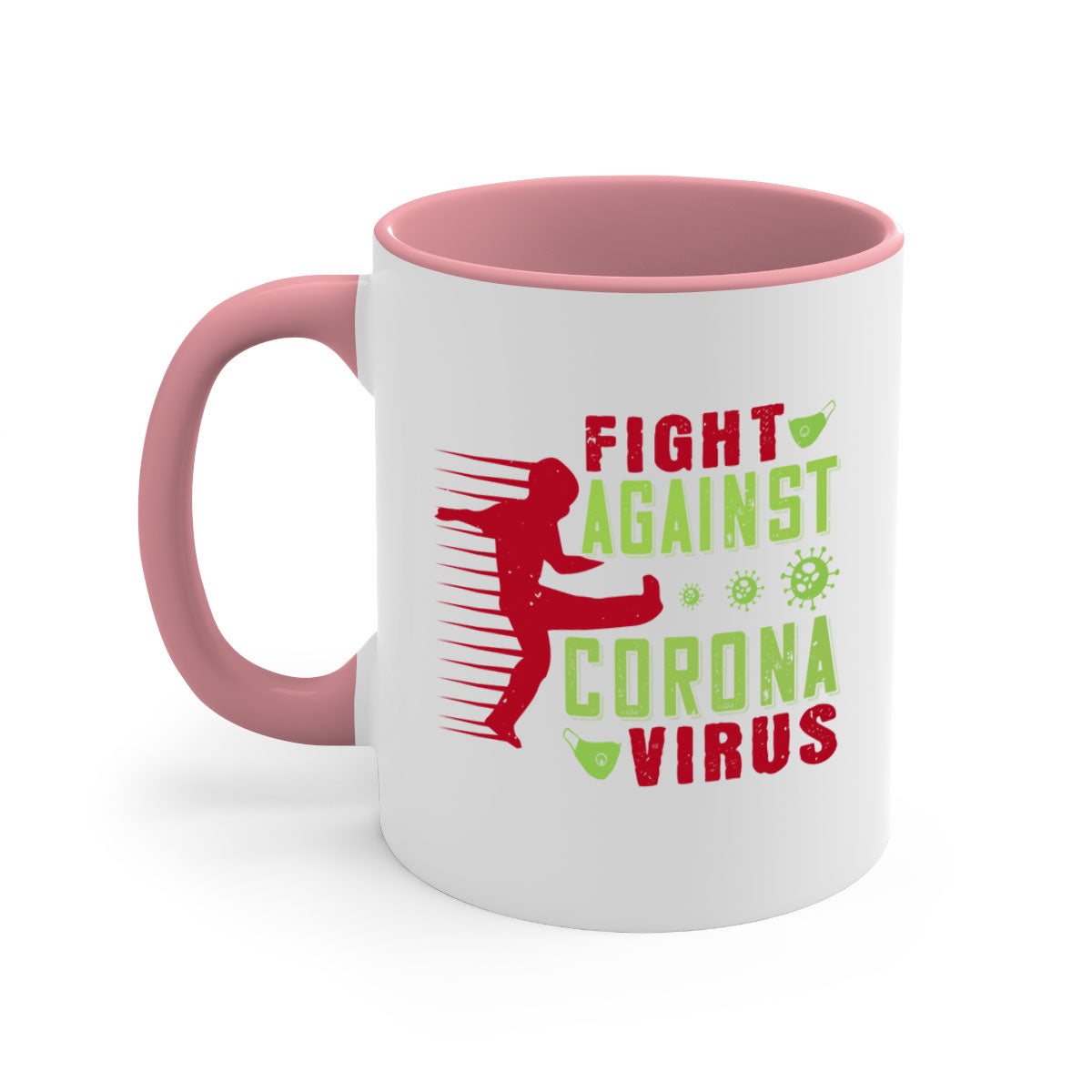 A stylish two-tone ceramic mug with a colored handle and interior, designed to symbolize the fight against coronavirus.