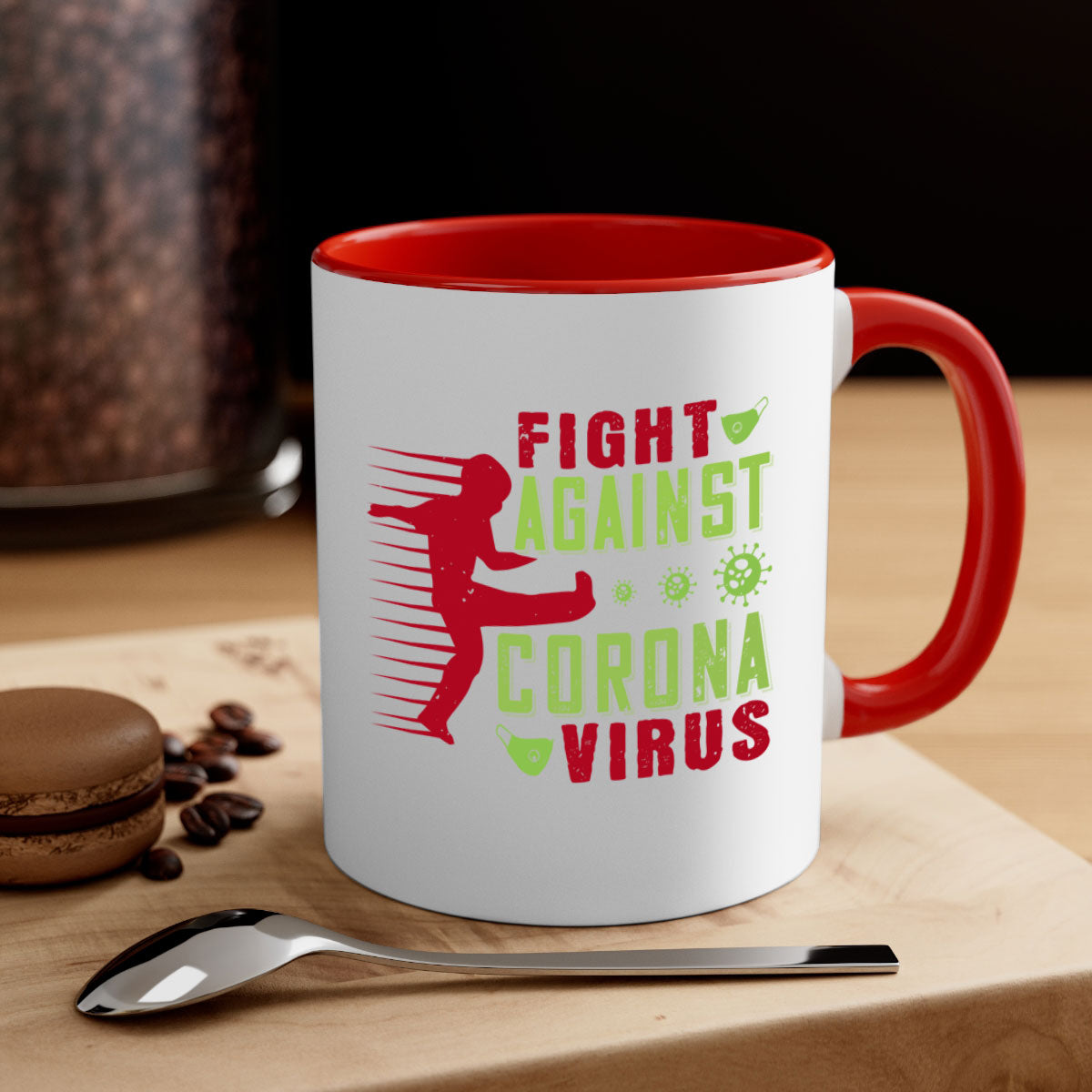 A stylish two-tone ceramic mug with a colored handle and interior, designed to symbolize the fight against coronavirus.